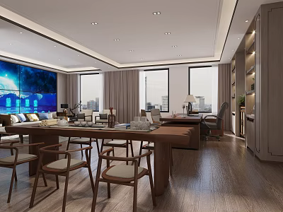 Modern Office Interior With Large Windows Long Table Chairs And Bookshelves 3d model