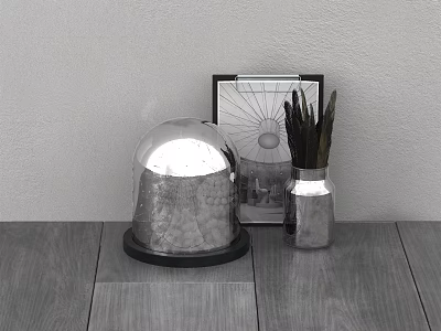 Silver Dome Ornament And Feather Vase Decorative Set With Black Framed Artwork On Wooden Tabletop 3d model