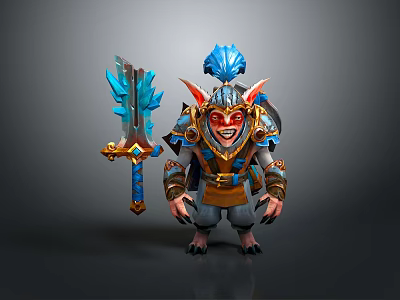 Colorful Fantasy Armored Character With Blue Feather Helmet Red Face And Sword 3d model