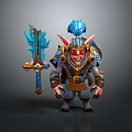 Colorful Fantasy Armored Character With Blue Feather Helmet Red Face And Sword