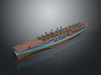 Large Ship With Multiple Funnels Brown Deck And Blue Hull Design 3d model