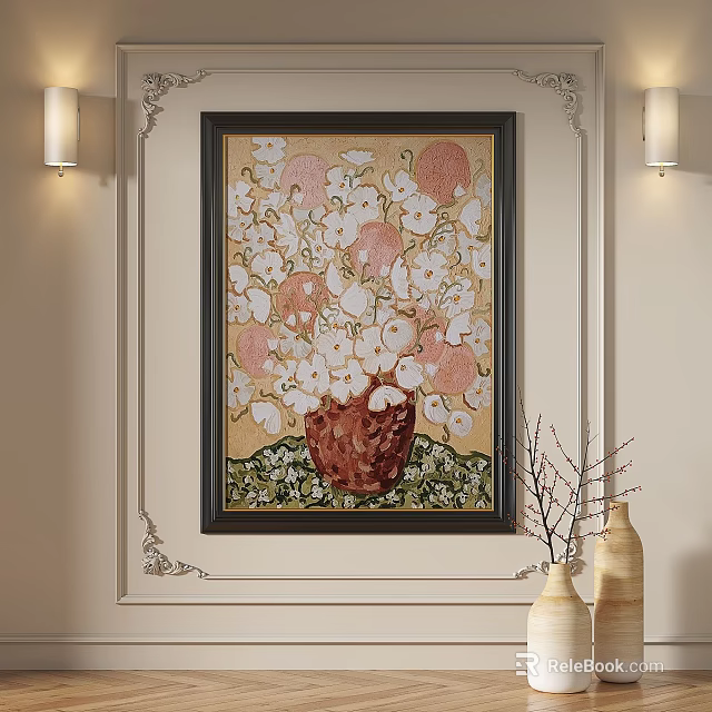 Decorative Oil Painting of Red Vase with Pink and White Flowers on Beige Background 3d model 