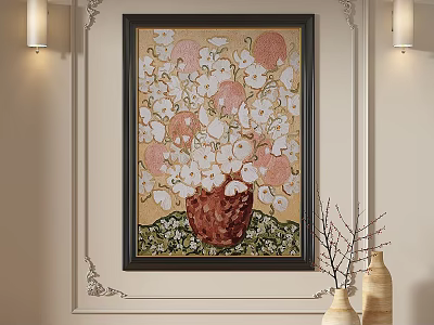 Decorative Oil Painting of Red Vase with Pink and White Flowers on Beige Background 3d model