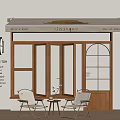 Cozy Cafe Exterior With Wooden Door Large Window Awning And Outdoor Seating