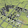 Modern High Rise Office Buildings In Urban Master Plan With Roads And Green Spaces
