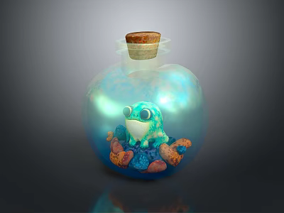 Glass Bottle With Cork Stopper Containing Green Frog And Colorful Stones 3d model