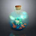 Glass Bottle With Cork Stopper Containing Green Frog And Colorful Stones