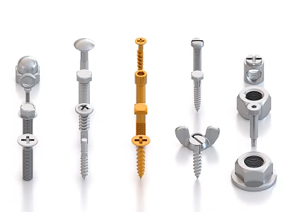 Various Types of Screws and Nuts Including Golden and Silver Fasteners on 3d model