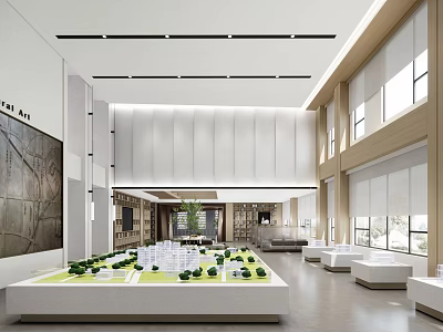 Modern Sales Office Interior With Spacious Layout Model Display And Large Windows 3d model