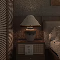 Cozy Bedroom Table Lamp With Ceramic Base And Linen Shade On Wooden Wall Background