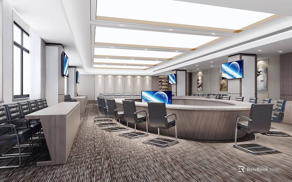 Modern Conference Room Interior Design With Large Curved Table Chairs And Wall Mounted TV Screens 3d model 