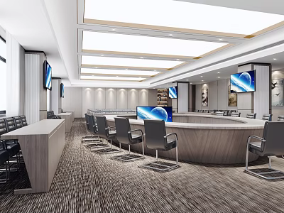 Modern Conference Room Interior Design With Large Curved Table Chairs And Wall Mounted TV Screens 3d model