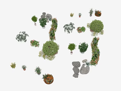 Assorted Green Plants And Flowers With Stone Accents In Garden Arrangement 3d model