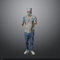 Person Wearing White Cap Mask Colorful Shirt Blue Pants And Blue Gloves