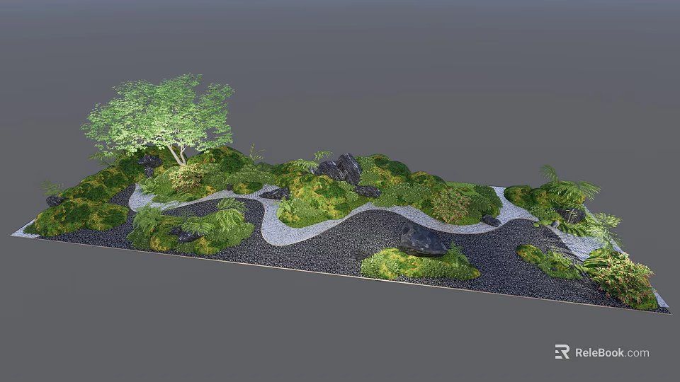 Courtyard Garden Design With Winding Path Green Plants And Stones 3d model 