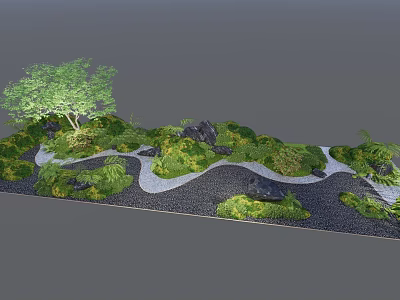 Courtyard Garden Design With Winding Path Green Plants And Stones 3d model