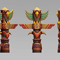 Colorful Carved Totem Poles With Traditional Wing Decorations And Artistic Patterns