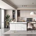 Elegant Modern Open Dining Area With Marble Island Pendant Light And Dining Chairs