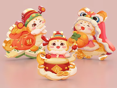 Festive Cartoon Themed Decorative Ornament Set With Fortune Drum Lion Dance And Gold Ingots 3d model
