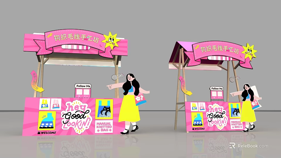 Colorful Pink Plush Handcraft Workshop Stalls With Cartoon Girl Promotional Posters And Decorative Elements 3d model 