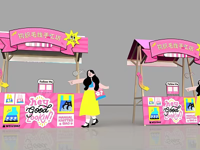 Colorful Pink Plush Handcraft Workshop Stalls With Cartoon Girl Promotional Posters And Decorative Elements 3d model