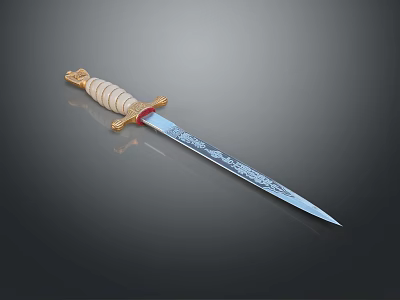 Classic Decorative Sword Featuring Golden Hilt White Striped Handle and Carved Patterns on Silver Blade 3d model