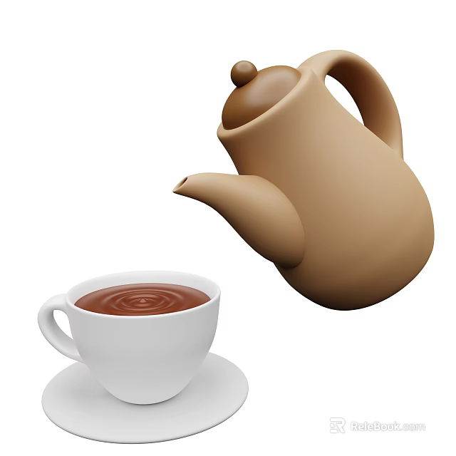 Brown Ceramic Teapot Pouring Liquid Into White Cup On Saucer Kitchenware 3d model 