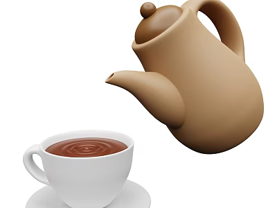 Brown Ceramic Teapot Pouring Liquid Into White Cup On Saucer Kitchenware 3d model