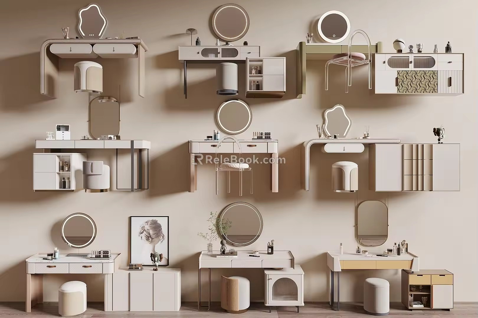 Modern Dressing Table Cream Style Dressing Table Makeup Table Makeup Stool Cosmetics 3d model