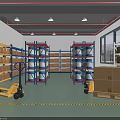 Spacious Warehouse Interior With Metal Storage Racks Cartons And Pallet Jacks
