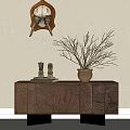 Wooden Entryway Console Table With Carved Texture Terracotta Vase Twig Branches And Figurines On Books