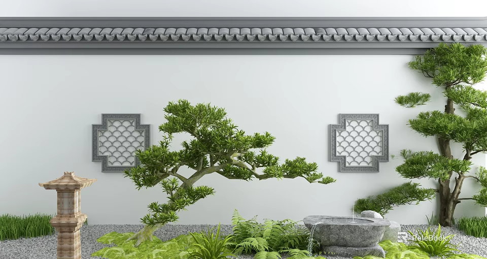 Traditional Scenic Wall with Gray Tile Eaves Lattice Windows Pine Tree and Stone Water Feature 3d model 