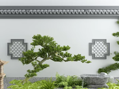 Traditional Scenic Wall with Gray Tile Eaves Lattice Windows Pine Tree and Stone Water Feature 3d model