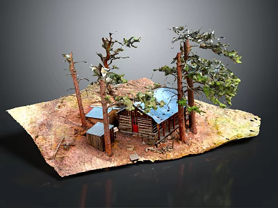 Rustic Log Cabin Model With Blue Roof Surrounding Trees And Dirt Ground 3d model