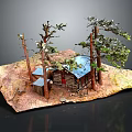 Rustic Log Cabin Model With Blue Roof Surrounding Trees And Dirt Ground