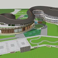 Modern Tourist Center Featuring Curved Roof Lush Greenery Water Features And Seating Areas