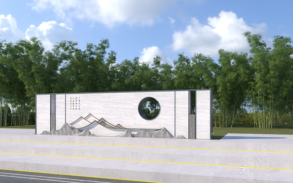 Landscape Wall With Circular Window And Mountain Design Surrounded By Bamboo Forest Under Blue Sky 3d model 