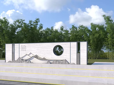 Landscape Wall With Circular Window And Mountain Design Surrounded By Bamboo Forest Under Blue Sky 3d model