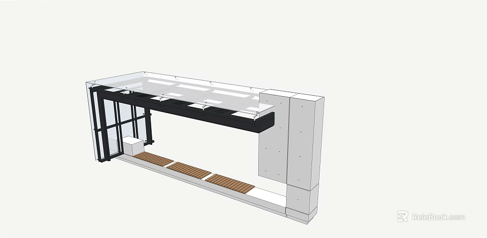 Modern Bar Counter Design With Glass Top Black Frame Wooden Slats And White Structure 3d model 