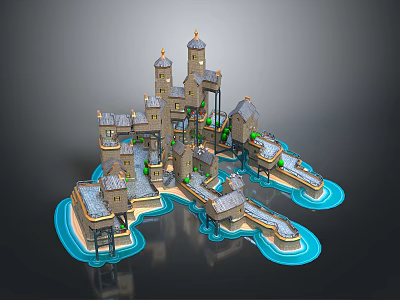 Medieval Castle Architecture With Connected Towers Bridges And Water Surroundings 3d model