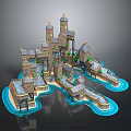 Medieval Castle Architecture With Connected Towers Bridges And Water Surroundings
