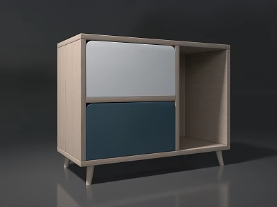 Modern Wooden Bedside Table With White Blue Drawers And Open Compartment 3d model