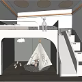 Kids Room Interior Design With Bunk Bed Slide Teepee Tent And Cloud Decor 3d model