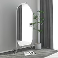 Floor Mirror in Modern Room with Tall Green Plant and Gray Curtains