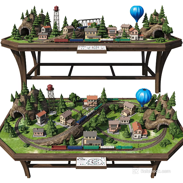 Detailed Commercial Equipment Model Train Set With Village Tunnels And Hot Air Balloon 3d model 