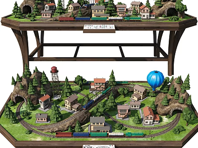 Detailed Commercial Equipment Model Train Set With Village Tunnels And Hot Air Balloon 3d model