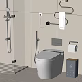 Modern Bathroom Interior With White Toilet Glass Shower Partition Tiled Walls And Toilet Paper Holder