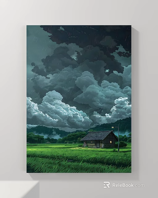 Scenic Landscape Painting Rainy Dark Cloudy Sky Distant Mountains Green Fields Small Cottage Lit Window 3d model 