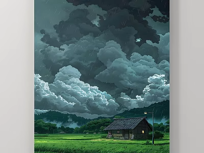 Scenic Landscape Painting Rainy Dark Cloudy Sky Distant Mountains Green Fields Small Cottage Lit Window 3d model