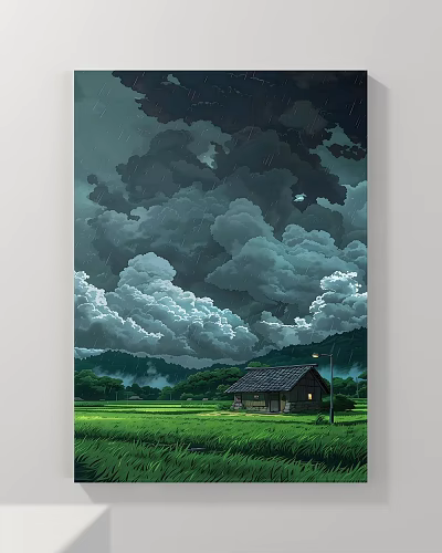 Scenic Landscape Painting Rainy Dark Cloudy Sky Distant Mountains Green Fields Small Cottage Lit Window 3d model